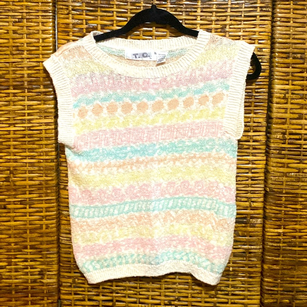 Vintage T.Q. Pastel blue pink yellow Knit Short Sleeve Pullover S
